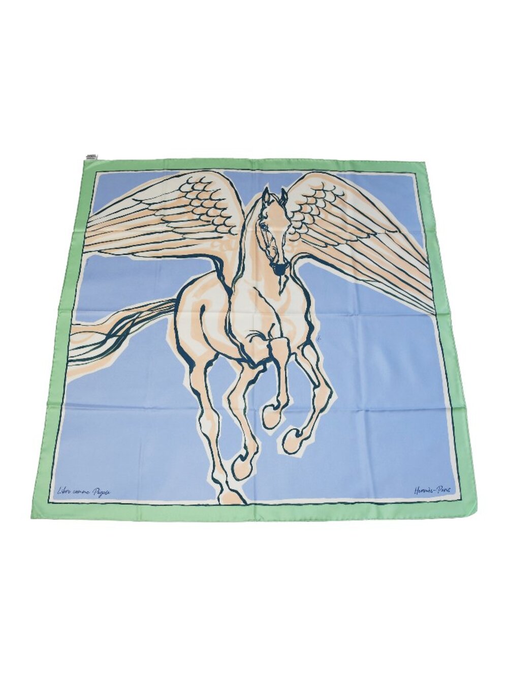 Hermes Libre Comme Pegase Silk Square Scarf 90 Vert D'eau Bleu Ciel Rose Nacre